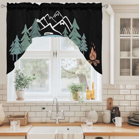 Camper Swag Curtain Valance for Windows, Home Mountain Pine Trees Tent Forest Rustic Nature Swag Curtains Drapes Rod Pocket for Kitchen Bathroom Small Window, 1 Panel 56x36in