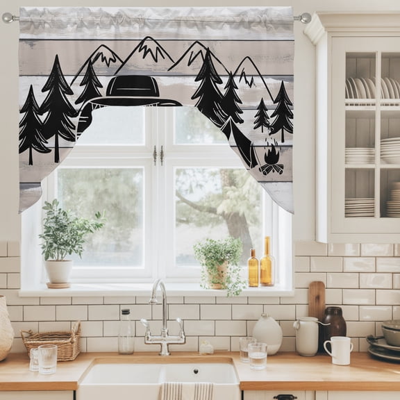 Camper Swag Valance for Windows, Mountain Pine Trees Tent Forest Rustic Nature Swag Curtains Valances for Small Window Treatment Rod Pocket for Kitchen Bathroom 1 Panel 56x36in