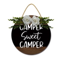 Camper Sweet Camper Sign Farmhouse Wood Sign Front Porch Decor Rustic Wooden Sign Wall Decor Hanging Wooden Decorations with Bow-Knot for Home Porch Wall Door, 11 x 11 Inch