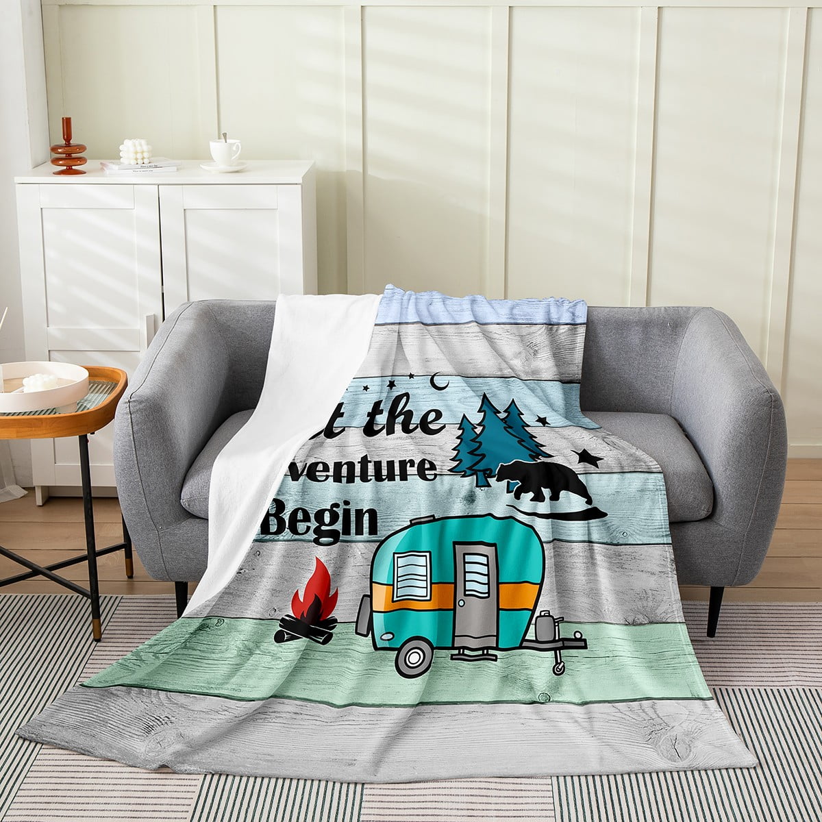 Camper Theme Flannel Fleece Blanket Baby Size, Woodland Pine Tree Bear