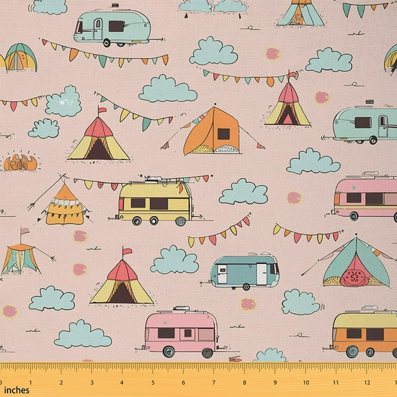 Camper Themed Fabric By The Yard,Rainbow Camper Car Upholstery Fabric,Cartoon Car Travel Decorative Fabric,Pink Pastel Indoor Outdoor Fabric,Cartoon Style Waterproof Fabric,10 Yards