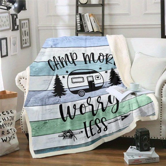 Camper Throw Blanket Retro Wood Board Rustic Country Style Fleece Anti-Pilling Lightweight Teal Blue Camping Design with Pine Trees & Stars for RV Travel
