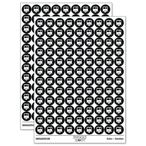 Camper Trailer Camping Icon 200+ Round Stickers - Black - Gloss Finish - 0.50" Size