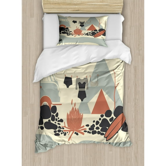 Camper Twin Size Duvet Cover Set, Tent Fire and Hippie Van in Wilderness Exotic Beach Lifestyle, Decorative 2 Piece Bedding Set with 1 Pillow Sham, Charcoal Grey Dark Coral Cream, by Ambesonne