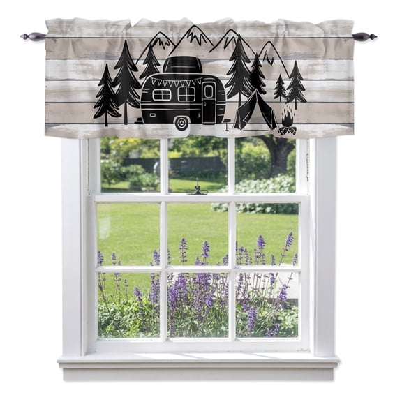 Camper Valances for Windows Mountain Pine Trees Tent Forest Rustic Nature Rod Pocket Light Filtering Short Window Treatments Curtains for Kitchen Bathroom Living Room Bedroom, 1 Panel, 56 x 16 Inch