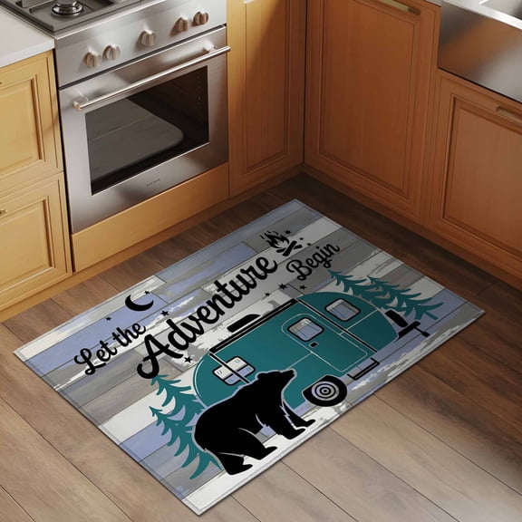 Camper Van Bear 2x3 Rug for Entryway Front Door Kitchen Sink Area, Let The Adventure Begin Moon Flame Wood Low Pile Washable Non Slip Rectangle Area Rug