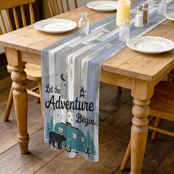 Camper Van Bear 4.5ft Cheesecloth Table Runner for Dining 19"x55", Let The Adventure Begin Moon Flame Wood Kitchen Dinner Sheer Tulle Chiffon Dresser Scarf, Holiday Party Decorations