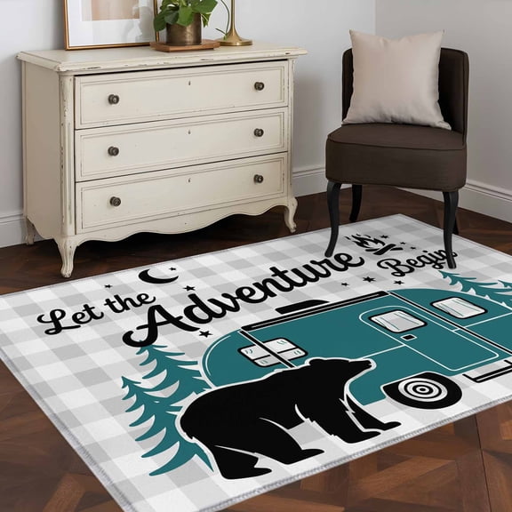 Camper Van Bear 4x6 Rug for Dining Table for 4 People Under Table, Let The Adventure Begin Moon Gray Plaid ashable Non Slip Rectangle Area Rug