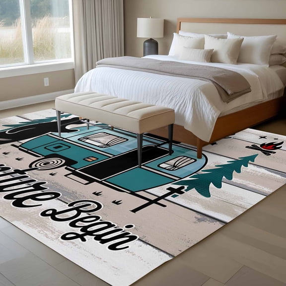 Camper Van Bear 6x9 Rug for Dining Room Table and Chair Setup, Let The Adventur Vintage Wood Grain Low Pile Washable Non Slip Rectangle Area Rug