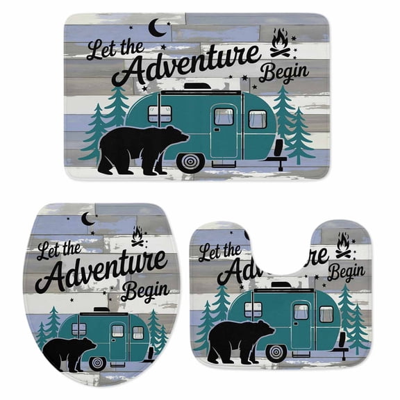Camper Van Bear Bathroom Rugs Set Let The Adventure Begin Moon Flame Wood Non Slip Absorbent Soft Bath Mats 3 Piece Set with Bathroom Rug, U-Shaped Floor Mat, Toilet Seat Cover Small Size