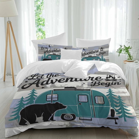 Camper Van Bear California King Duvet Cover Set, Let The Adventure Begin Moon Flame Wood 4 Piece Microfiber Bedding Set with Zipper Closure, Bed Sheet and 2 Pillow Shams, Soft Bedding Cover