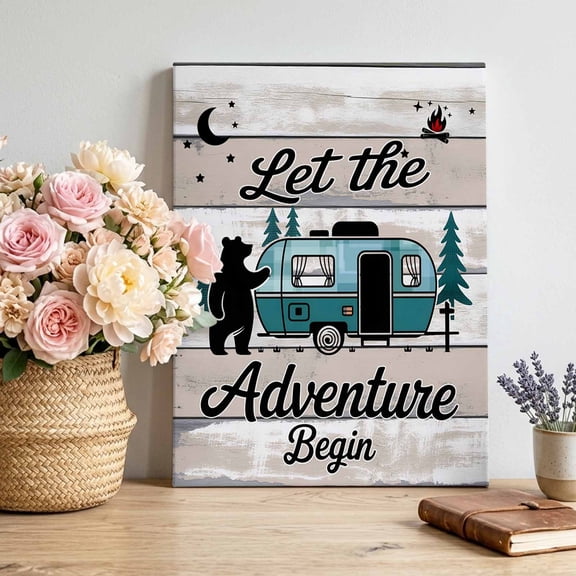 Camper Van Bear Canvas Wall Art Framed Wall Decor for Living Room Bedroom Bathroom, Let The Adventur Vintage Wood Grain Canvas Pictures Ready to Hang Decor, 12"x16"
