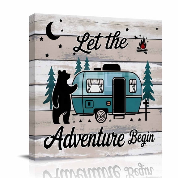 Camper Van Bear Canvas Wall Art for Living Room, Let The Adventur Vintage Wood Grain Wall Decor Framed Artwork Pictures Ready to Hang for Bedroom Office Home Decor