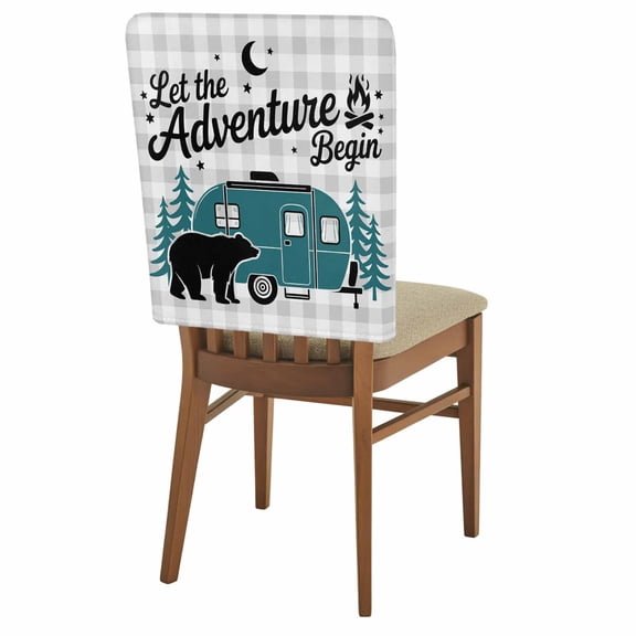 Camper Van Bear Chair Back Covers Set of 4 Let The Adventure Begin Moon Gray Plaid Removable Dining Chair Slipcovers Washable Seat Protector for Restaurant Party Banquet Kichen Decor