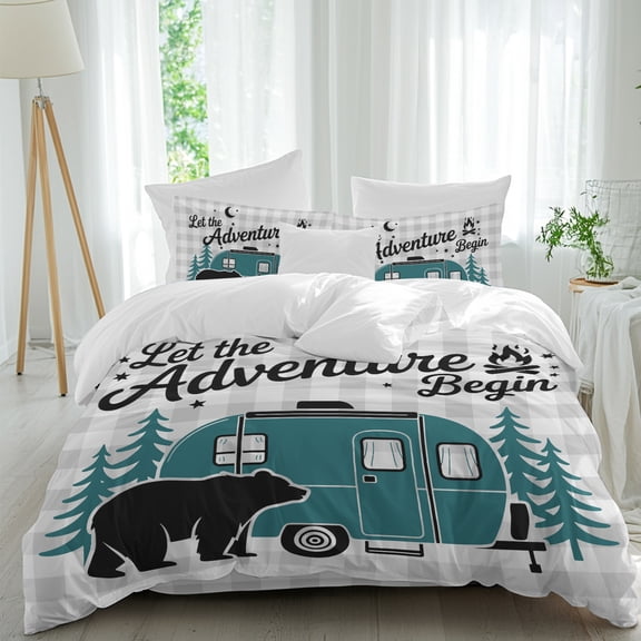 Camper Van Bear Comforter Set Full Size, Let The Adventure Begin Moon Gray Plaid Soft Bedding Set for Man Woman, 4 Pieces Duvet Cover Set with Fitted Sheet, 2 Pillowcases