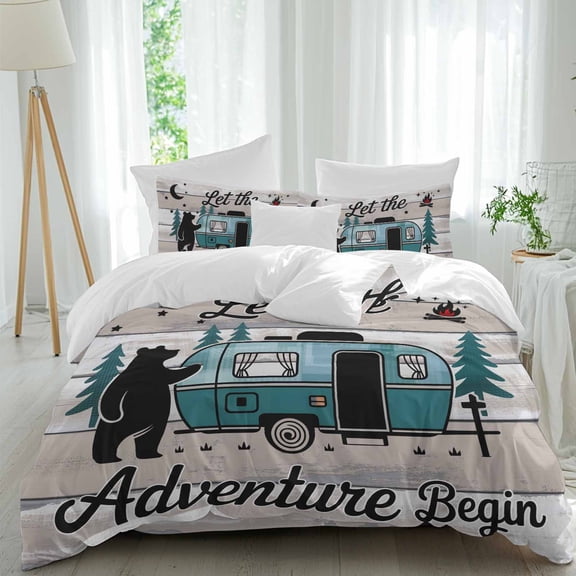 Camper Van Bear Comforter Set Twin Size, Let The Adventur Vintage Wood Grain Soft Bedding Set for Man Woman, 4 Pieces Duvet Cover Set with Fitted Sheet, 2 Pillowcases