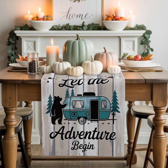 Camper Van Bear Cotton Linen Table Runner, Washable Table Runners for Kitchen, Dining Room, Holiday, Home Party Table Decor, 13x48 Inches