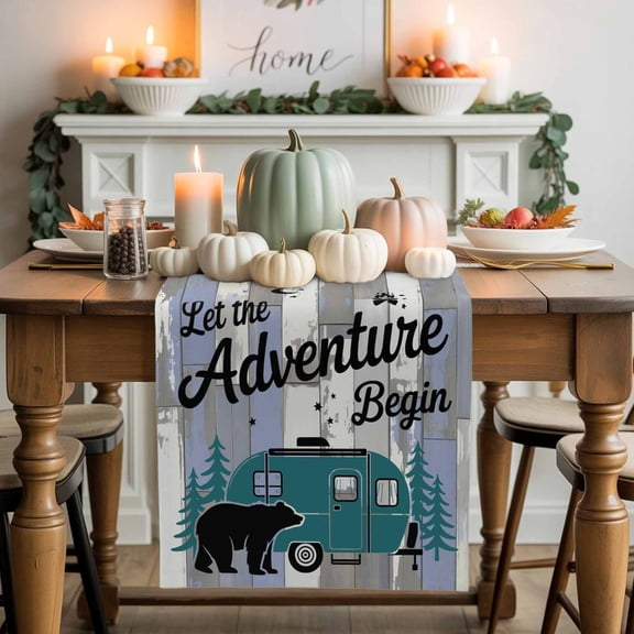 Camper Van Bear Cotton Linen Table Runner, Washable Table Runners for Kitchen, Dining Room, Holiday, Home Party Table Decor, 13x48 Inches