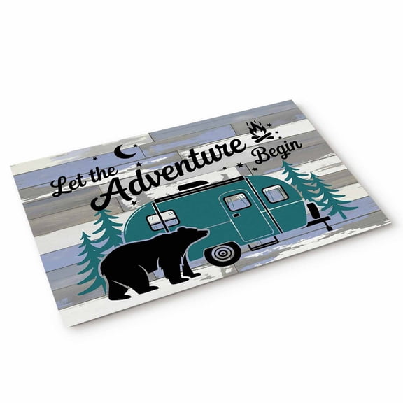 Camper Van Bear Door Mat Let The Adventure Begin Moon Flame Wood Non Slip Absorbent Entrance Mat Washable Low Profile Indoor Doormat for Front Door Entryway Entry 20"x31"