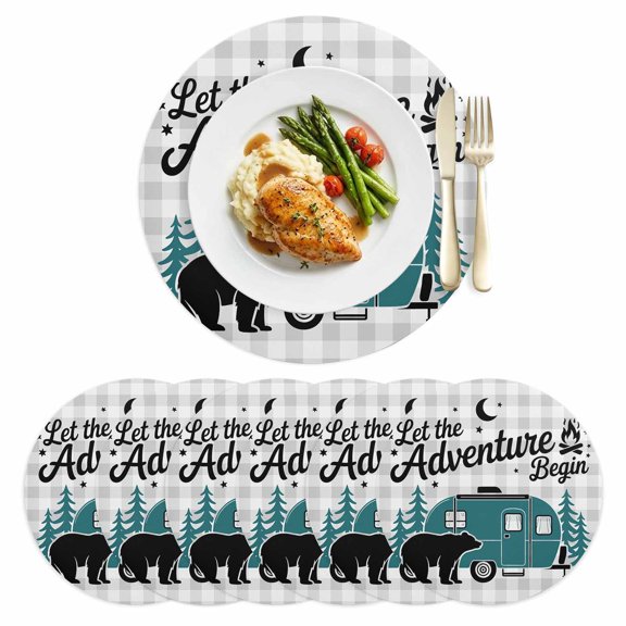 Camper Van Bear Faux Leather Round Placemats Set of 6 Let The Adventure Begin Moon Gray Plaid Washable Waterproof PU Dining Place Mats Heat Insulating Table Mat for Kitchen 12 Inch