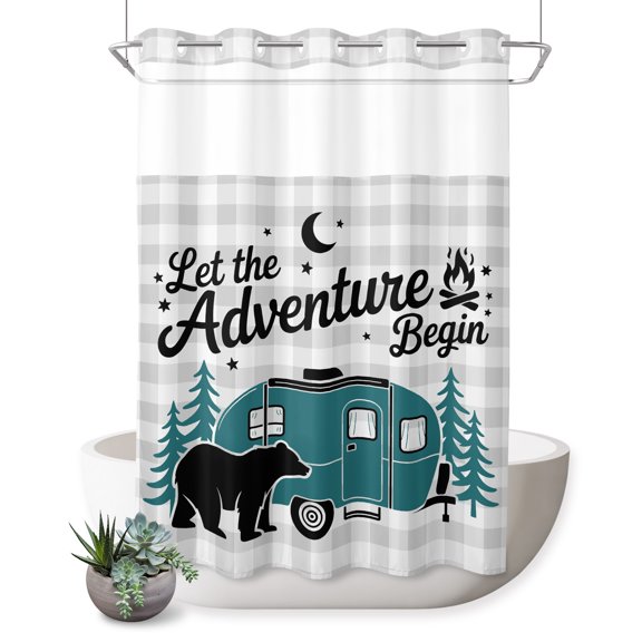 Camper Van Bear No Hook Shower Curtain Let The Adventure Begin Moon Gray Plaid Shower Curtain with See Through Top Window, Waterproof Washable Fabric Curtain for Bathroom Hotel Decor, 72Wx96L