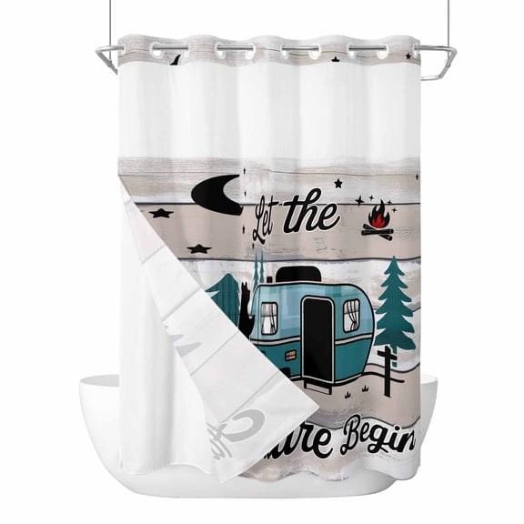 Camper Van Bear No Hook Shower Curtain with Snap in Liner, Let The Adventur Vintage Wood Grain Waterproof Shower Curtain for Bathroom with Top Sheer Window, 48x72 Inch