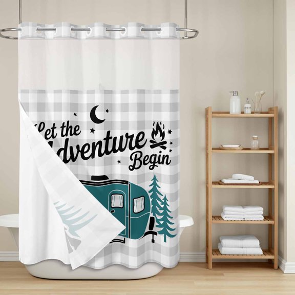Camper Van Bear No Hook Shower Curtain with Snap in Liner, Let The Adventure Begin Moon Gray Plaid Waterproof Shower Curtains with See Through Top Window Liner for Bathroom, 48x72 Inches
