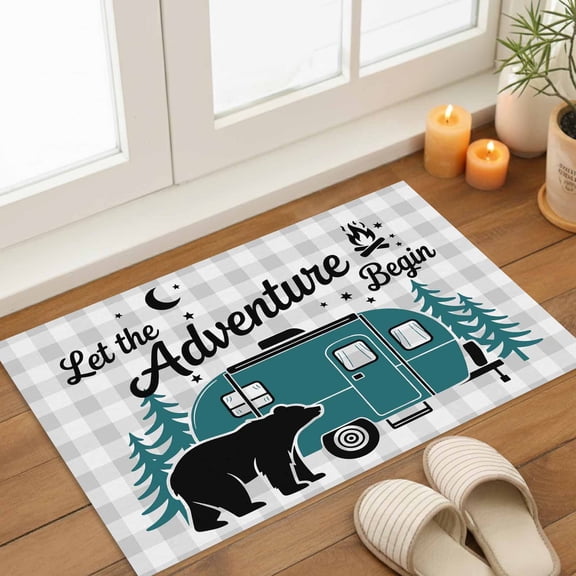 Camper Van Bear Indoor Door Mat 18x30 Inch Let The Adventure Begin Moon Gray Plaid Front Door Mat Non Slip Washable Entryway Rug Low Profile Dirt Trapper Doormat for Bathroom Kitchen Bedroom