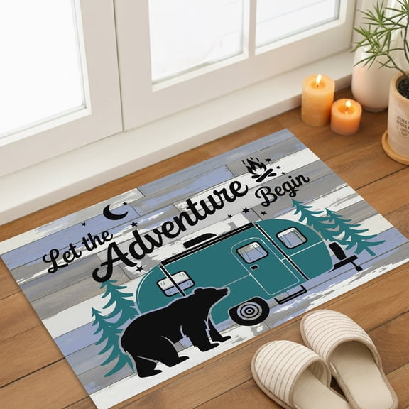 Camper Van Bear Indoor Door Mat 20x31.5 Inch Let The Adventure Begin Moon Flame Wood Front Door Mat Non Slip Washable Entryway Rug Low Profile Dirt Trapper Doormat for Bathroom Kitchen Bedroom