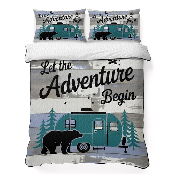 Camper Van Bear King Quilt Bedding Set, Let The Adventure Begin Moon Flame Wood Lightweight Comforter with 2 Pillow Shams Bedroom Bedspread Set Home Decor for All Seasons