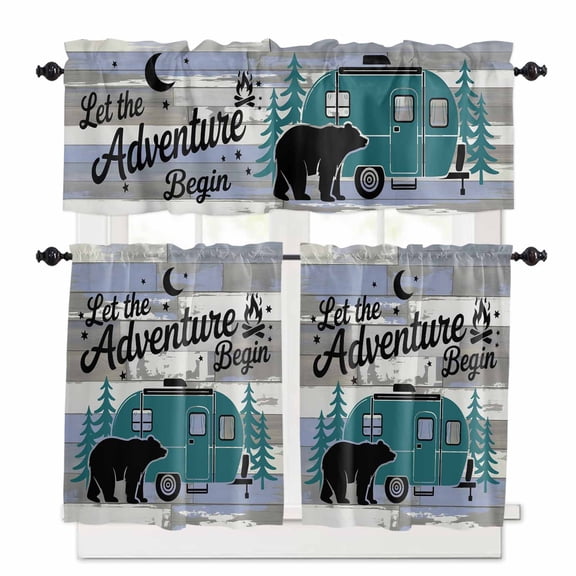Camper Van Bear Kitchen Curtains Valance and Tier Set Let The Adventure Begin Moon Flame Wood Rod Pocket Short Curtains for Small Window 3 Pieces Set for Bedroom Bathroom Cafe (54" x 18"+27" x 36")