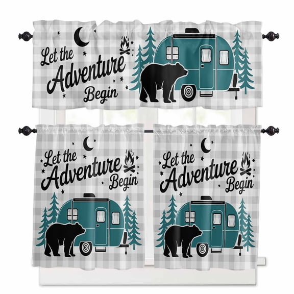 Camper Van Bear Kitchen Curtains Valance and Tier Set Let The Adventure Begin Moon Gray Plaid Rod Pocket Short Curtains for Small Window 3 Pieces Set for Bedroom Bathroom Cafe (54" x 18"+27" x 24")