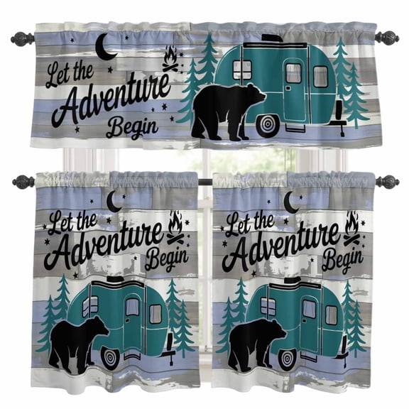 Camper Van Bear Kitchen Curtains Valances and Tiers Set of 3 Let The Adventure Begin Moon Flame Wood Tier Curtains and Valance with Rod Pocket for Small Windows, 27.5"x24"