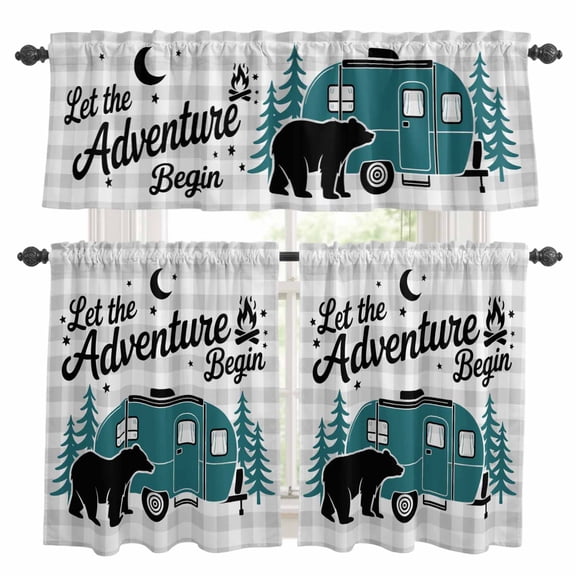 Camper Van Bear Kitchen Curtains Valances and Tiers Set of 3 Let The Adventure Begin Moon Gray Plaid Tier Curtains and Valance with Rod Pocket for Small Windows, 27.5"x36"