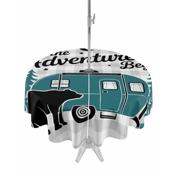 Camper Van Bear Outdoor Round Tablecloth with Umbrella Hole 60", Let The Adventure Begin Moon Gray Plaid Waterproof Zippered Table Cloth Wrinkle Free Wipeable Desk Covers for Patio Party