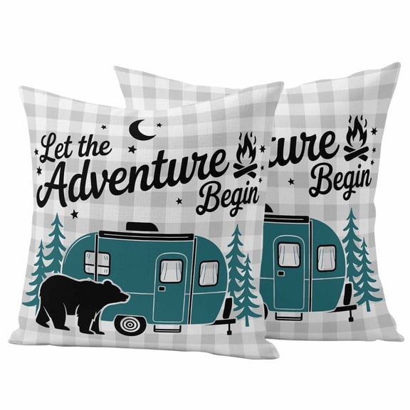 Camper Van Bear Outdoor Waterproof Throw Pillow Covers Set of 2, 16"x16", Let The Adventure Begin Moon Gray Plaid Decorative Pillow Covers Outside Cushion Case for Patio Porch Garden