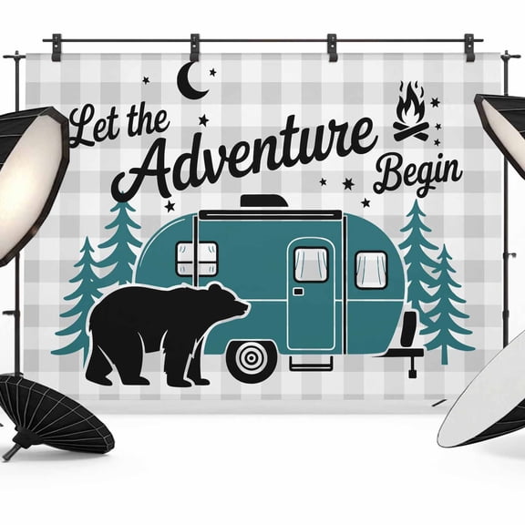 Camper Van Bear Photography Backdrop 7x5FT, Let The Adventure Begin Moon Gray Plaid Photo Backdrops, Background for Photography Studio Photo Studio Background, Back Drop for Photoshoot