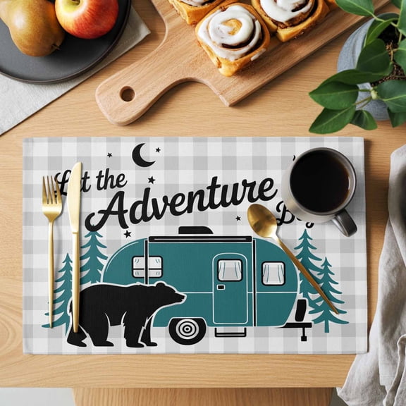 Camper Van Bear Placemats Set of 2, Let The Adventure Begin Moon Gray Plaid Heat Insulated Linen Place Mats, Washable Stain-Proof Table Mats for Dining Tables Holiday Decor 13x19 Inches