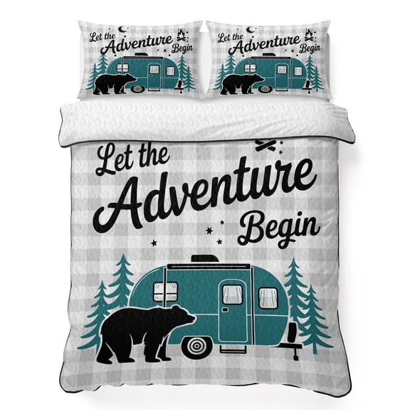 Camper Van Bear Queen Quilt Bedding Set, Let The Adventure Begin Moon Gray Plaid Lightweight Comforter with 2 Pillow Shams Bedroom Bedspread Set Home Decor for All Seasons