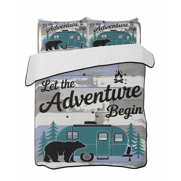 Camper Van Bear Quilts Bedding Set King Size Let The Adventure Begin Moon Flame Wood Lightweight Quilted Bedspread 3 Piece Bed Quilt with 2 Pillow Shams All Season for Bedroom 90" x 96"