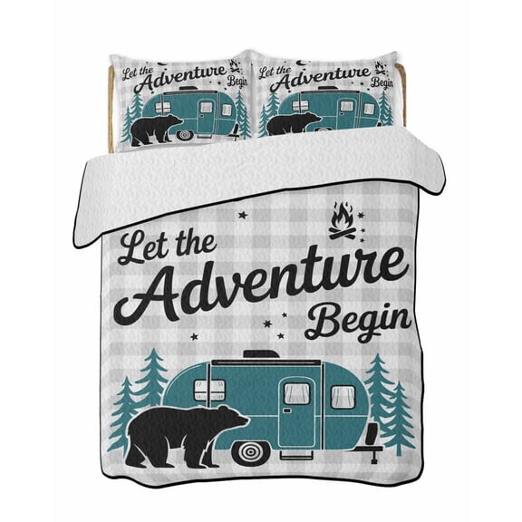 Camper Van Bear Quilts Bedding Set King Size Let The Adventure Begin Moon Gray Plaid Lightweight Quilted Bedspread 3 Piece Bed Quilt with 2 Pillow Shams All Season for Bedroom 90" x 96"