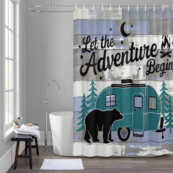 Camper Van Bear Shower Curtain for Bathroom Decor, Let The Adventure Begin Moon Flame Wood Waterproof Fabric Shower Curtain, 72"x96" Set with 12 Hooks