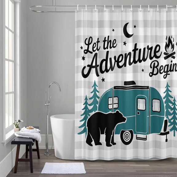 Camper Van Bear Shower Curtain for Bathroom Decor, Let The Adventure Begin Moon Gray Plaid Waterproof Fabric Shower Curtain, 48"x72" Set with 12 Hooks