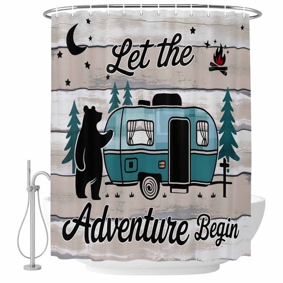 Camper Van Bear Shower Curtain for Bathroom, Let The Adventur Vintage Wood Grain Waterproof Cloth Fabric Bathroom Accessories Set with 12 Rust Proof Plastic Hooks, 72"x96"