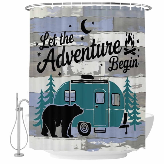 Camper Van Bear Shower Curtain for Bathroom, Let The Adventure Begin Moon Flame Wood Waterproof Cloth Fabric Bathroom Accessories Set with 9 Rust Proof Plastic Hooks, 36"x72"