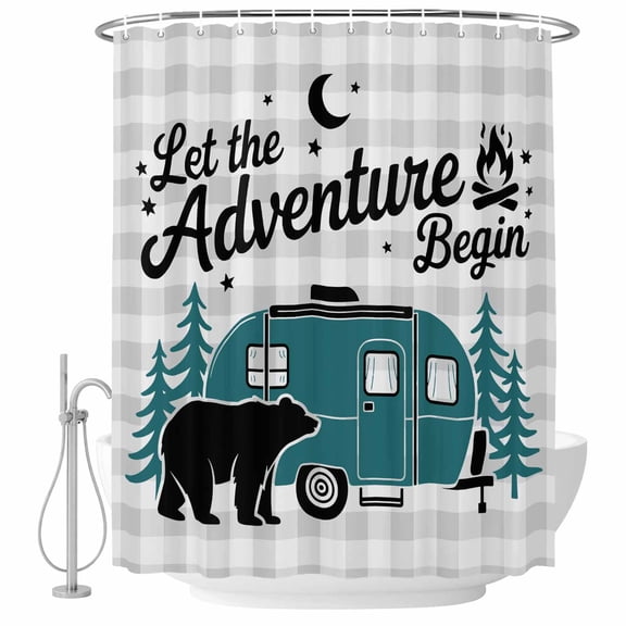 Camper Van Bear Shower Curtain for Bathroom, Let The Adventure Begin Moon Gray Plaid Waterproof Cloth Fabric Bathroom Accessories Set with 10 Rust Proof Plastic Hooks, 48"x72"