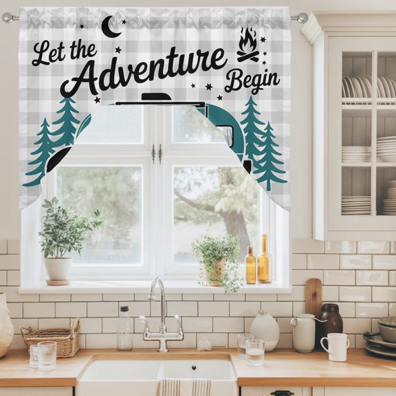 Camper Van Bear Swag Curtain Valance for Windows, Let The Adventure Begin Moon Gray Plaid Swag Curtains Drapes Rod Pocket for Kitchen Bathroom Small Window, 1 Panel 56x36in