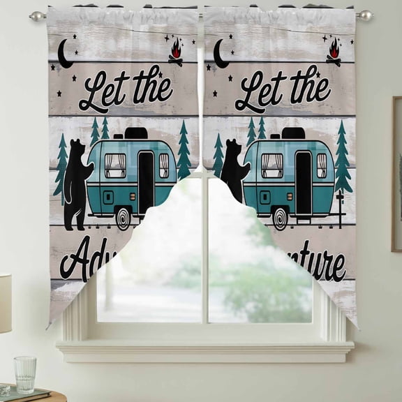 Camper Van Bear Swag Kitchen Curtain Valances, Let The Adventur Vintage Wood Grain Rod Pocket Curtains Window Treatment Decor Valances for Bedroom Bathroom, 2 Panels 28 x 36 Inch