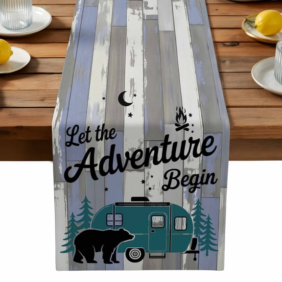 Camper Van Bear Table Runner, Let The Adventure Begin Moon Flame Wood Kitchen Table Runners Dress Scarves for Table Decorations Party/Restaurant/Indoor Outdoor Use, 13x36in
