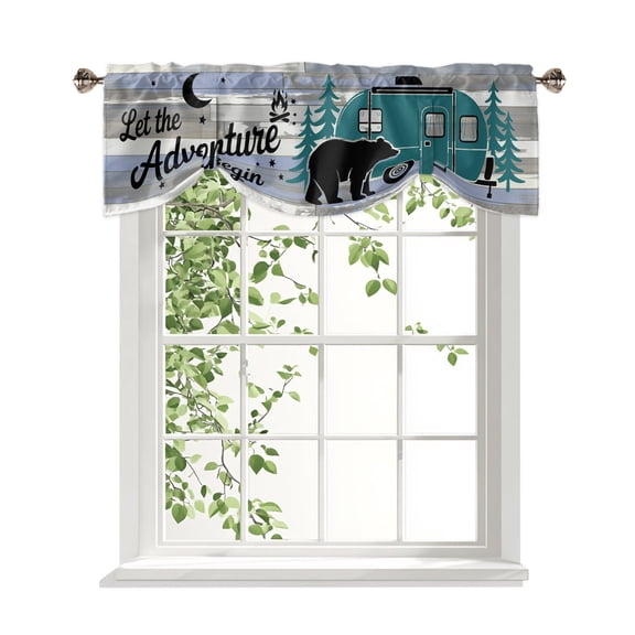 Camper Van Bear Tie Up Valances Curtain, Let The Adventure Begin Moon Flame Wood Adjustable Rod Pocket Window Treatment Short Tie Up Curtains Valances for Kitchen Living Room Bathroom 42x18 Inches
